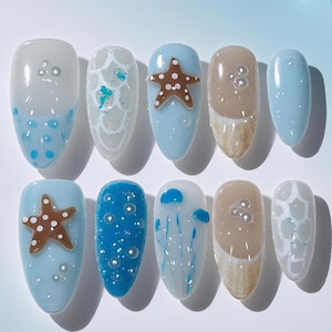 Ocean Fantasy Press-On Nails – 3D Starfish, Jellyfish & Pearl Blue Sea Nails | Summer Beach Mermaid Nail Art Set|Coastal Vacation Fake Nails