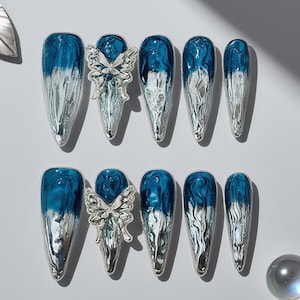 Halloween Y2K Gothic Chrome Press On Nails – Metallic Blue Silver Gradient Stiletto Nails with 3D Butterfly, Cyberpunk Baddie Acrylic Set