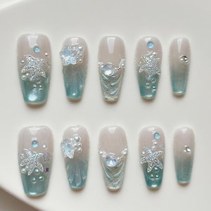 Mermaid Press On Nails:  blue gradient nails, Glitter Wave nails, 3D Seashells and starfish pearl nails, summer beach cat eye nails