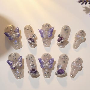 3D Glitter Butterfly With Pearl Press On Nails|press on nails coffin|Pink Nails|Handmade Nails for gift,wedding,daily|Gel Nails|Custom Nails