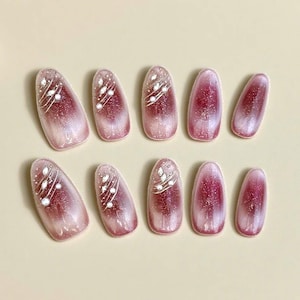 Pink Cat Eye Press On Nails with Pearl|Shimmer oval coffin Nails|Wedding nails|Parties nails|handmade Nails|custom Nails|Salon Quality Nails