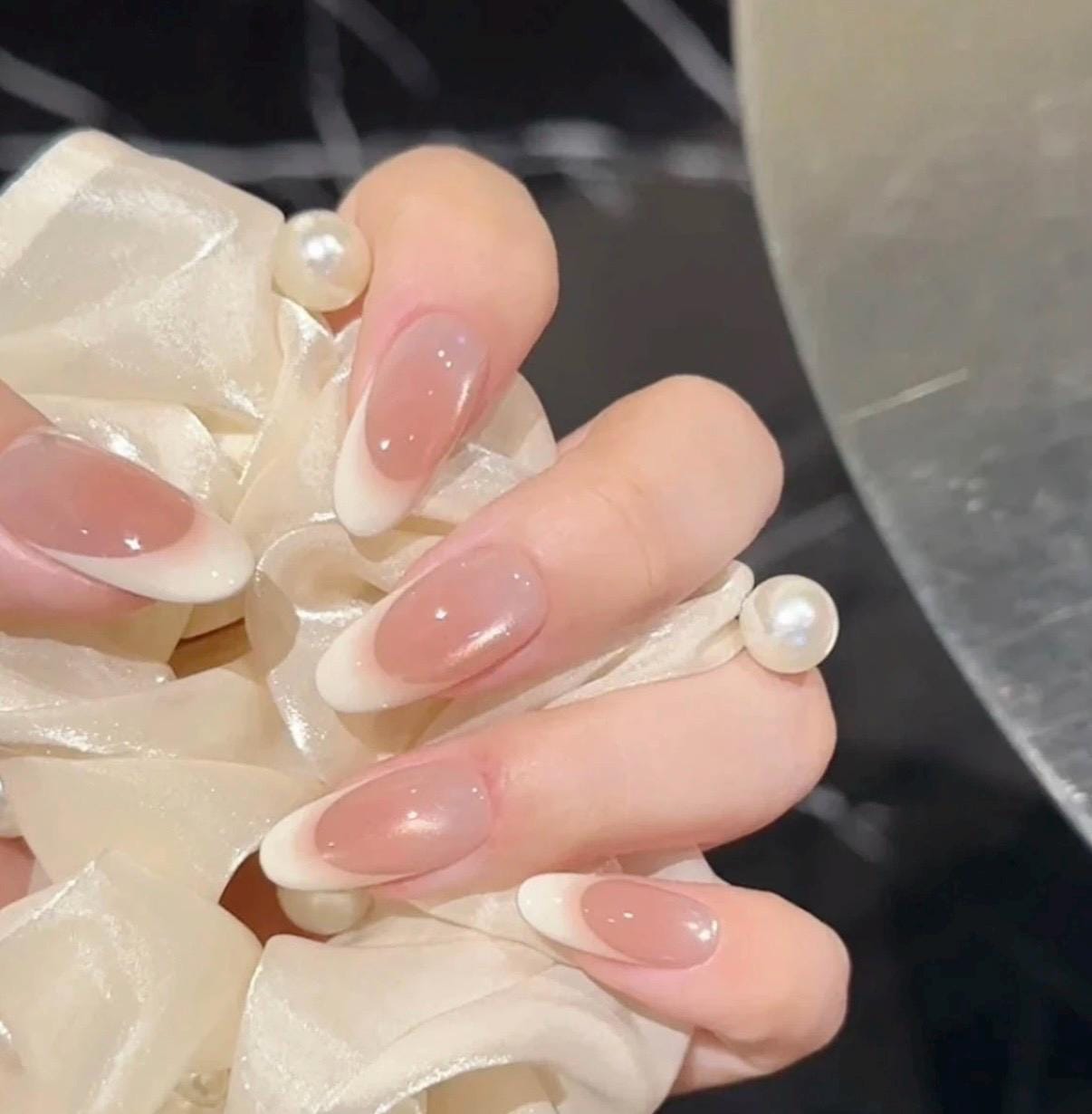 Glazed French Tip Press on Nails, Nude Pink Chrome Nails Tip