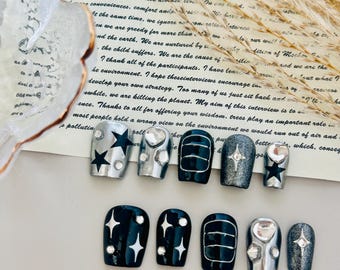 Y2K Press On Nails: Short Coffin, Black Silver Star, Handmade