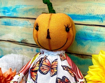 Primitive Halloween Pumpkin Rag Doll Folk Art Pink and Orange Harvest Home Decor Jack O’ Lantern