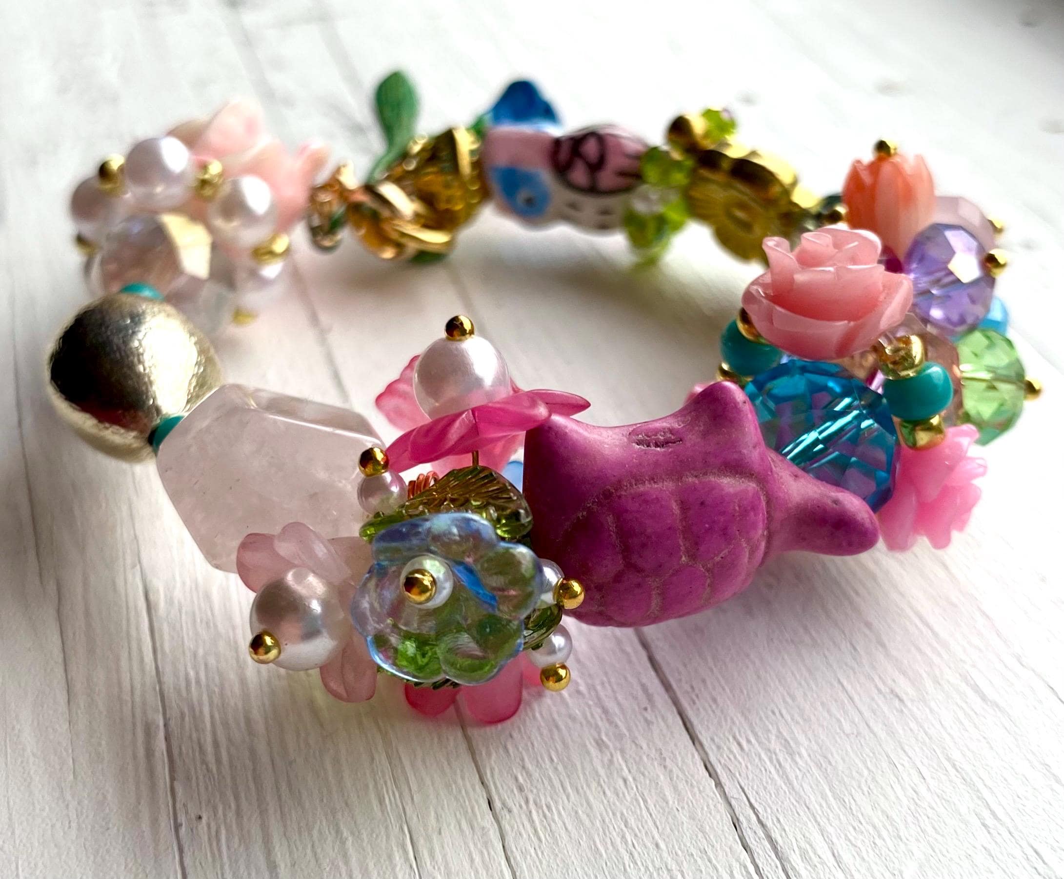 Turtle & Owl Beaded Bracelet: Pink Roses, Pearls, Howlite Stone
