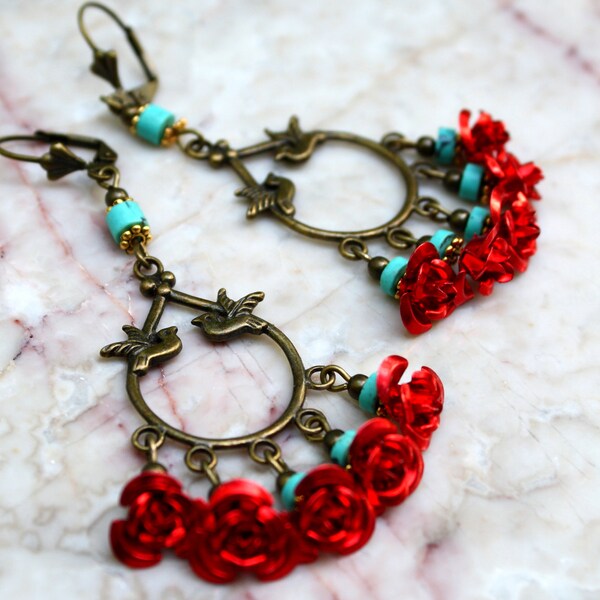 Boucles d’oreilles Frida, Noël boucles d’oreilles, boucles d’oreilles Turquoise, boucles d’oreilles Chandelier, bijoux Bohème, boucles d’oreilles mariées, boucles d’oreilles oiseau