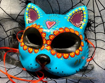 Turquoise Cat Mask Masquerade Traditional Mexican Art  OOAK