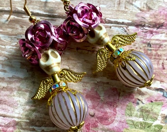 Pink Flowers Earrings, Angel Earrings, Sugar Skull Earrings, Pink Roses Earrings, Day of the Dead Earrings, Flower Head
