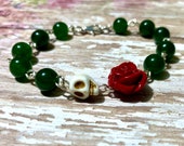 Sugar Skull Bracelet Green Jade Red Rose