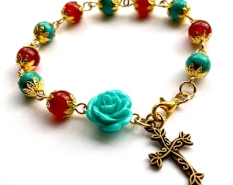 Turquoise and Carnelian Rosary Bracelet Teal Rose