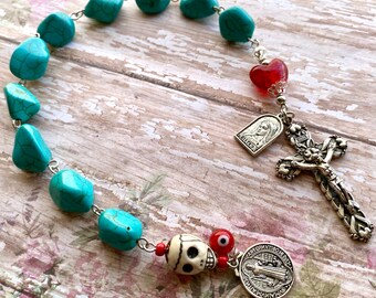 Sugar Skull Pocket Rosary Turquoise Catholic Prayer Beads St Benedict Amulet