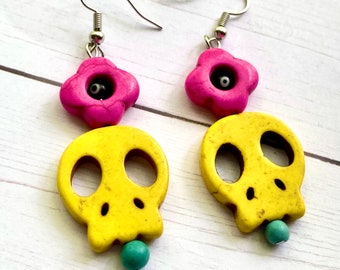 Sugar Skull Earrings Yellow and Pink Evil Eye Flower Day of the Dead Statement Halloween Jewelry