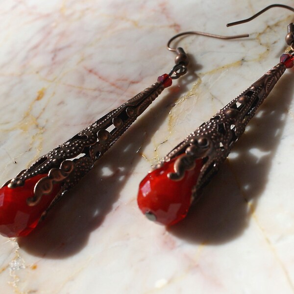 Long Filigree Copper tone Blood Red Crystal Drop Vampire Gothic Earrings