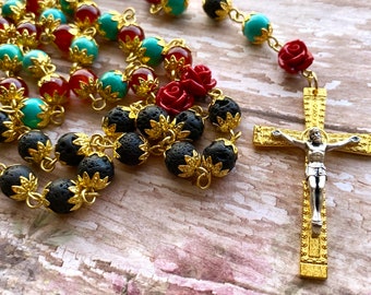 Carnelian Lava Rock  Turquoise Red Roses Traditional Rosary Necklace Aromatherapy Italian Crucifix