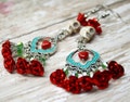 Sterling Silver Sugar Skull Earrings Catrina Day of the Dead Red Roses Bridal Jewelry