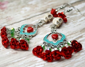 Sterling Silver Sugar Skull Earrings Catrina Day of the Dead Red Roses Bridal Jewelry