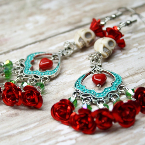 Sterling Silver Sugar Skull Earrings Catrina Day of the Dead Red Roses Bridal Jewelry