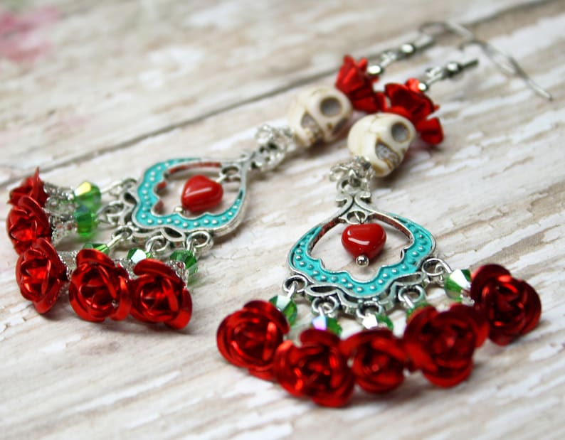 Sterling Silver Sugar Skull Earrings Catrina Day of the Dead Red Roses Bridal Jewelry 