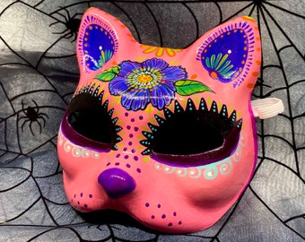 Pink Cat Mask Masquerade Day of the Dead Traditional Handmade OOAK