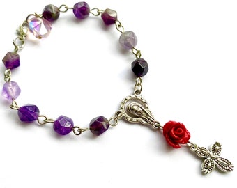 Amethyst Rosary Bracelet Genuine Gemstones Red Rose Decade