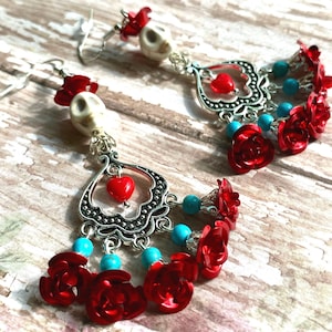 Sterling Silver Sugar Skull Dangle Earrings: Red Roses, Turquoise