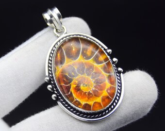 Elegant Ammonite Fossil Gemstone 925 Sterling Silver Pendant Necklace: Statement Jewelry