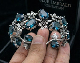 Pulseira Bracelete com Topázio Azul Londres - Feita à Mão em Prata de Lei 925 - Estilo Boho - Tamanho Ajustável