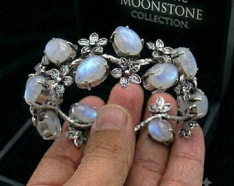Natural Moonstone Cuff Bracelet in 925 Sterling Silver | Adjustable Boho Statement Bangle for Women