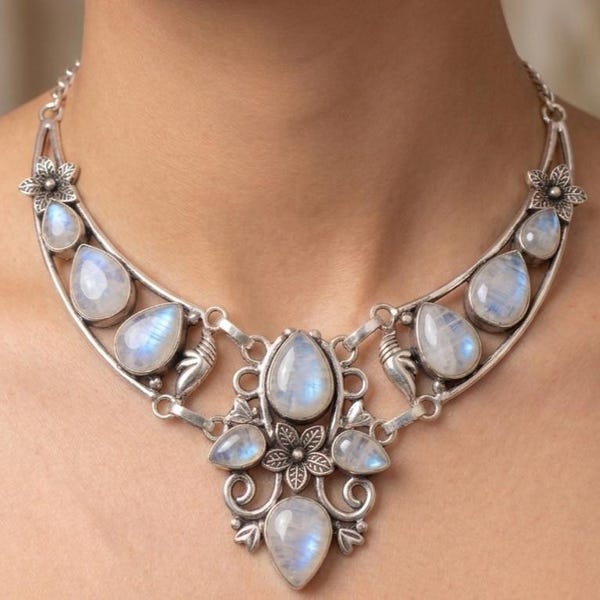 Rainbow Moonstone Gemstone 925 Sterling Silver Floral Design Jewelry Necklace Gift For Her
