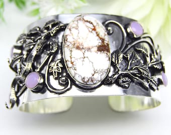 Natural Wild Horse Jasper Cuff Bracelet – Handmade 925 Sterling Silver Boho Statement Jewelry