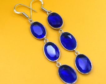 Pendientes colgantes de tanzanita azul – Joyería de piedras preciosas larga hecha a mano en plata de ley 925