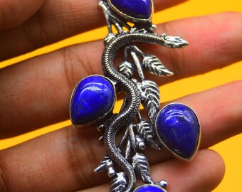 Blue Lapis Lazuli Gemstone Pendant – Handmade 925 Sterling Silver Boho Statement Jewelry