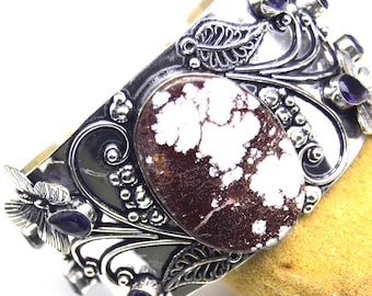 Natural Wild Horse Jasper Cuff Bracelet – Handmade 925 Sterling Silver Boho Statement Jewelry
