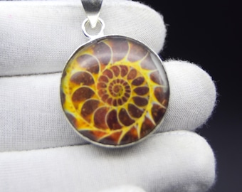 Ammonite Gemstone 925 Sterling Silver Round Pendant Necklace: Statement Jewelry