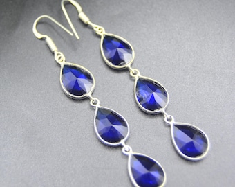 Pendientes colgantes de tanzanita azul – Joyería de piedras preciosas larga hecha a mano en plata de ley 925