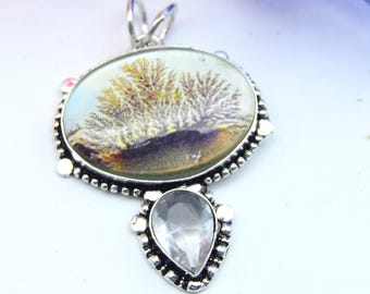 Dendritic Agate & White Topaz Gemstone | 925 Sterling Silver Necklace | Tree Agate Handmade Pendant