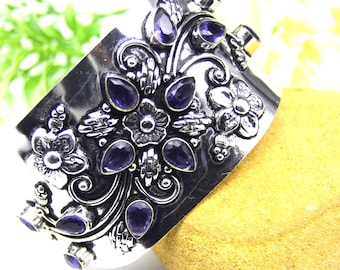 Blue Tanzanite Cuff Bracelet – Handmade 925 Sterling Silver Boho Statement Jewelry