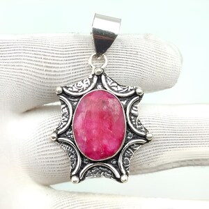 Pink Ruby Pendant: Textured Sterling Silver Boho Necklace