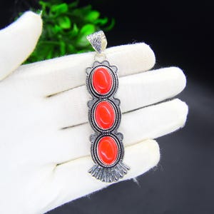 Oval Coral Pendant: 925 Sterling Silver Boho Jewelry