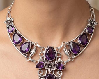 Handmade Purple Amethyst Gemstone 925 Sterling Silver Floral Design Jewelry Necklace Gift For Her