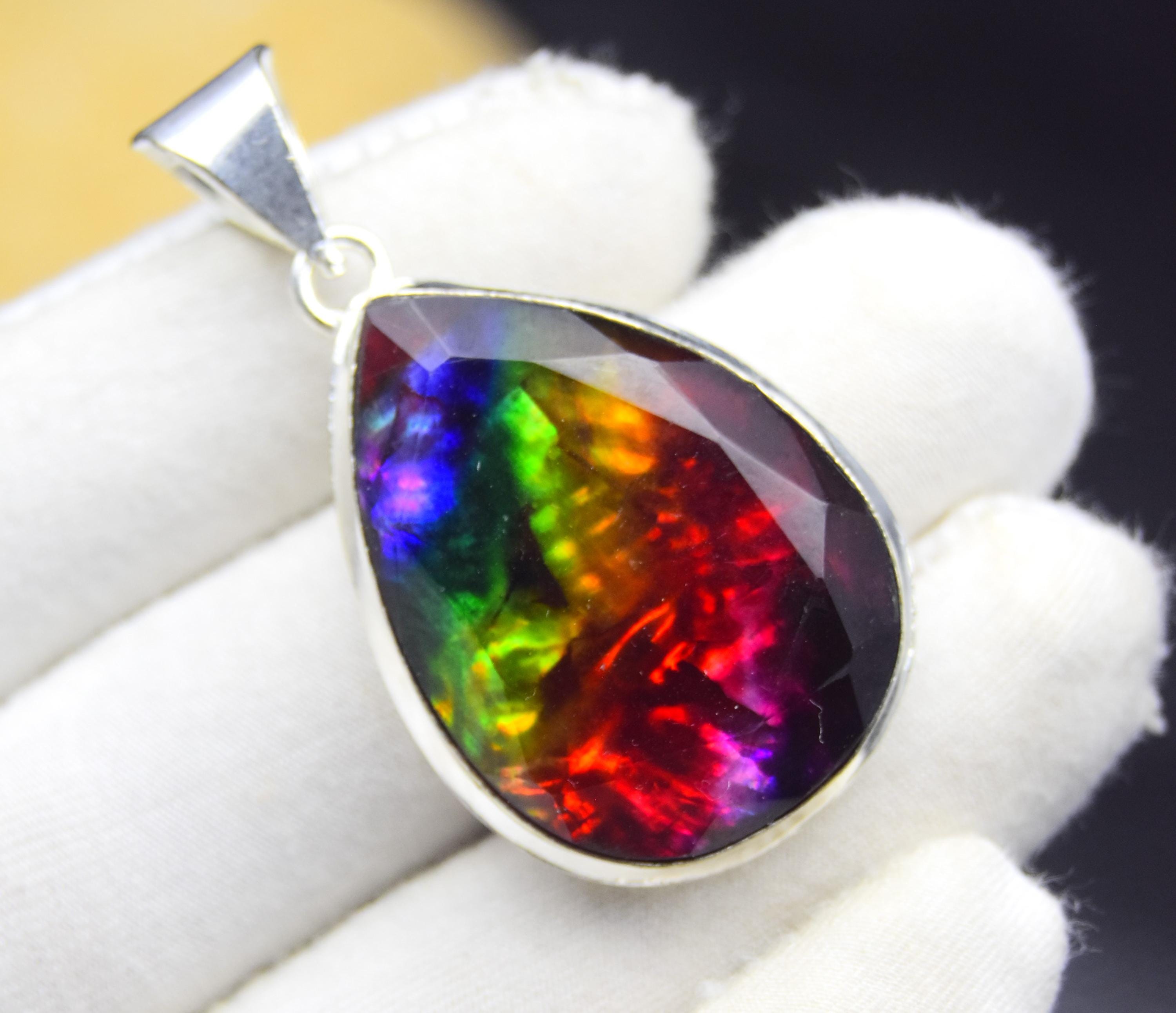 Pendentif En Ammolite Fossile Fait Main - Pierre Multicolore, Serti Argenté - 2,3 Pouces - Neuf