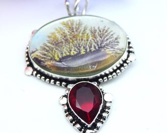 Dendritic Agate & Red Garnet Pendant | 925 Sterling Silver Necklace | Handmade Nature Inspired