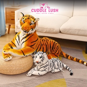 Realistic Tiger Plush Toy – Giant Stuffed Animal Floor Pillow, Orange and White Tiger Plushie, Soft Tiger Cushion Gift for Kids & Home Decor
