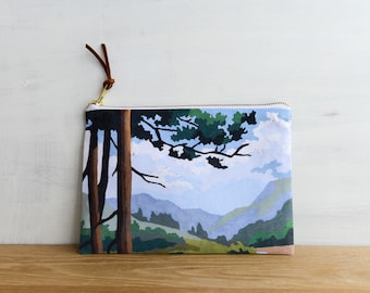 Paint by Number Mountain Landscape Large Zipper Pouch - make-up bag, vintage landscape, pine trees