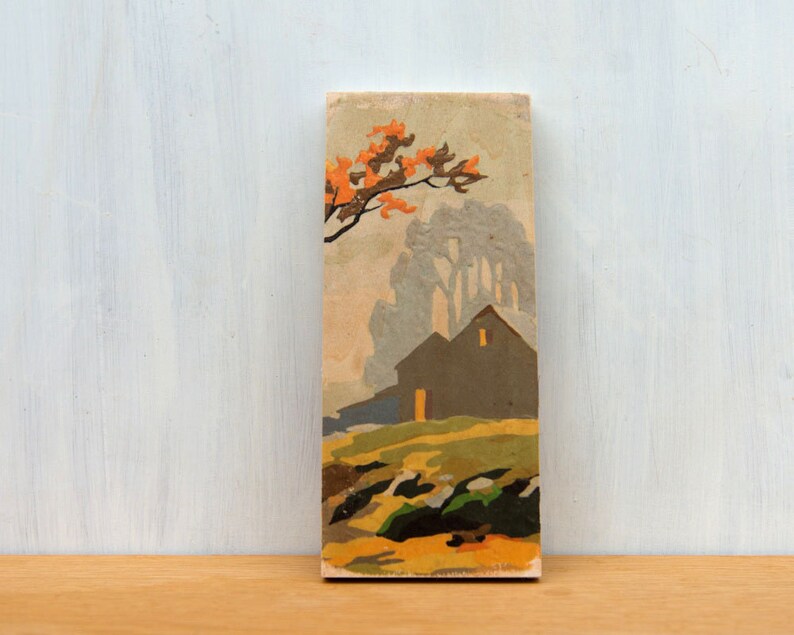 art on wood wall art rural landscape farm scene autumn vintage art Paint by Number style *FINISHED Art Block /'Fall Barn Silhouette/'