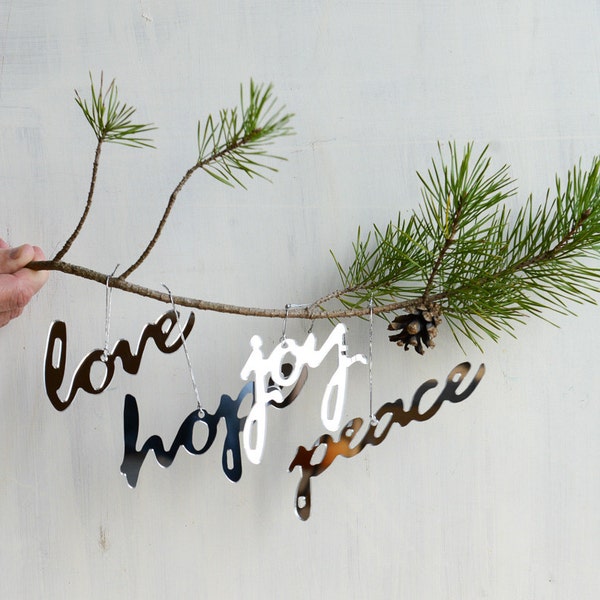 Mirror Word Ornament Set - Peace, Hope, Love, Joy, Set of 4 Christmas Tree Ornaments