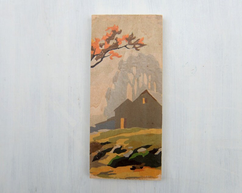art on wood wall art rural landscape farm scene autumn vintage art Paint by Number style *FINISHED Art Block /'Fall Barn Silhouette/'