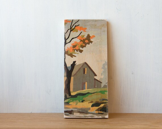 art on wood wall art rural landscape farm scene autumn vintage art Paint by Number style *FINISHED Art Block /'Fall Barn Silhouette/'