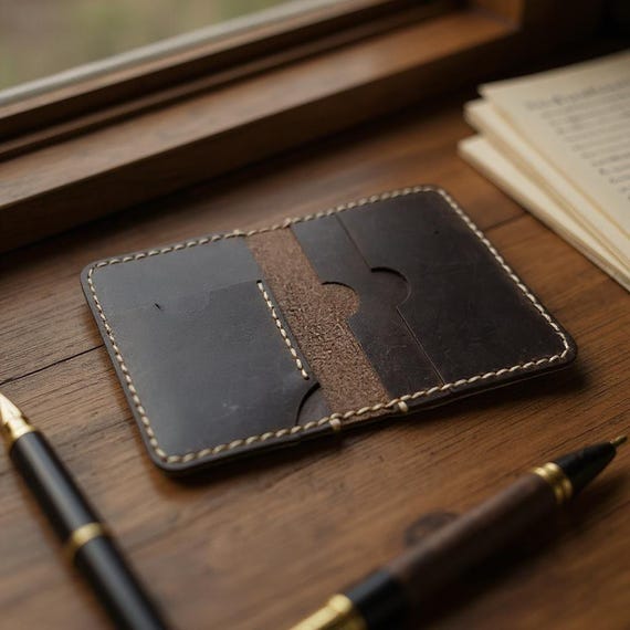 Personalized Genuine Leather Card Holder Wallet, Slim Bifold Design