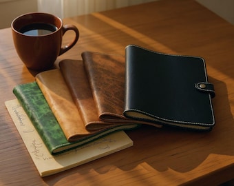 May include: A collection of leather-bound journals in various colors, including green, tan, and black, with white stitching. A brown mug of coffee sits beside the journals on a wooden surface. A handwritten note is visible.